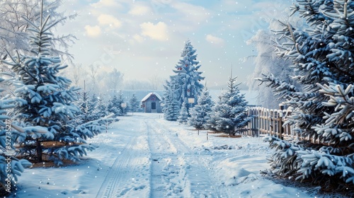 A snowy path leads through a winter forest, past a small cabin and a line of snow-covered evergreen trees. Sunlight shines through the trees, and a light dusting of snow is falling.