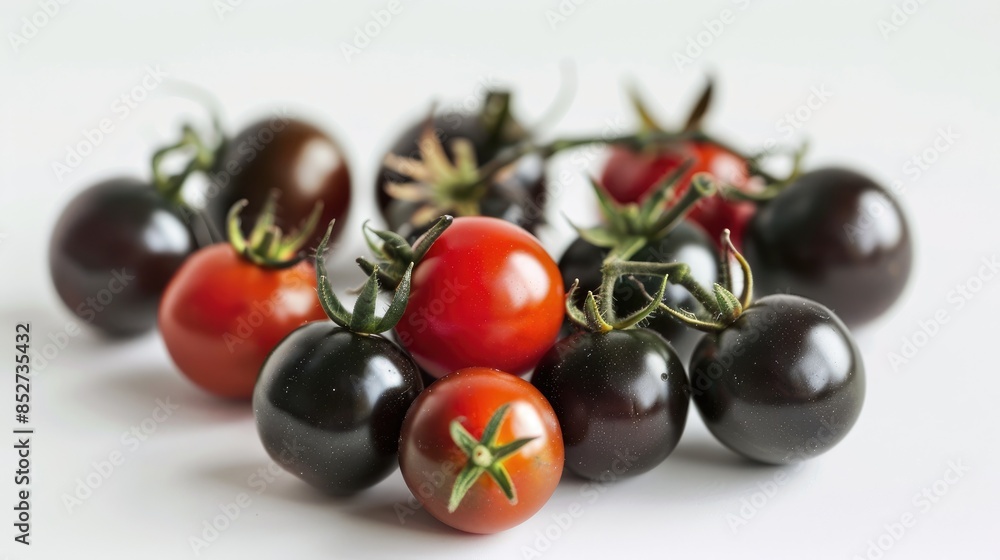Black cherry tomatoes on a white backdrop with isolated Indigo tomatoes Black cherry tomatoes on a white backdrop with isolated Indigo tomatoes