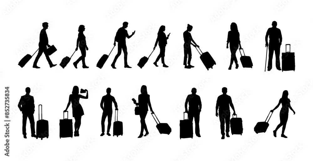Silhouette set of couple travel with suitcases various poses. People walking with luggage side view silhouettes set collection. Silhouette set of couple travel with suitcases various poses. People walking with luggage side view silhouettes set collection.