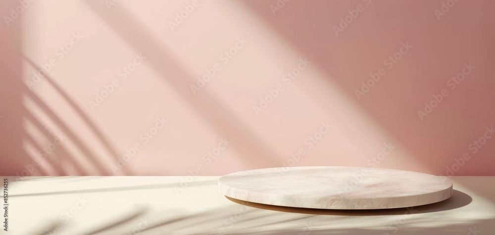 Light pink wall with window shadows and an empty tabletop create a modern, minimal abstract background, perfect for product display presentation mockup design. Light pink wall with window shadows and an empty tabletop create a modern, minimal abstract background, perfect for product display presentation mockup design.