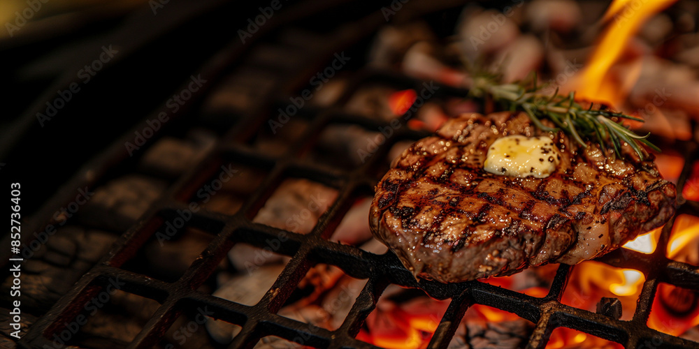 Close-up of a perfectly grilled steak with grill marks, sizzling on a barbecue with a sprig of rosemary and a pat of melting butter on top, set against a backdrop of glowing coals Close-up of a perfectly grilled steak with grill marks, sizzling on a barbecue with a sprig of rosemary and a pat of melting butter on top, set against a backdrop of glowing coals