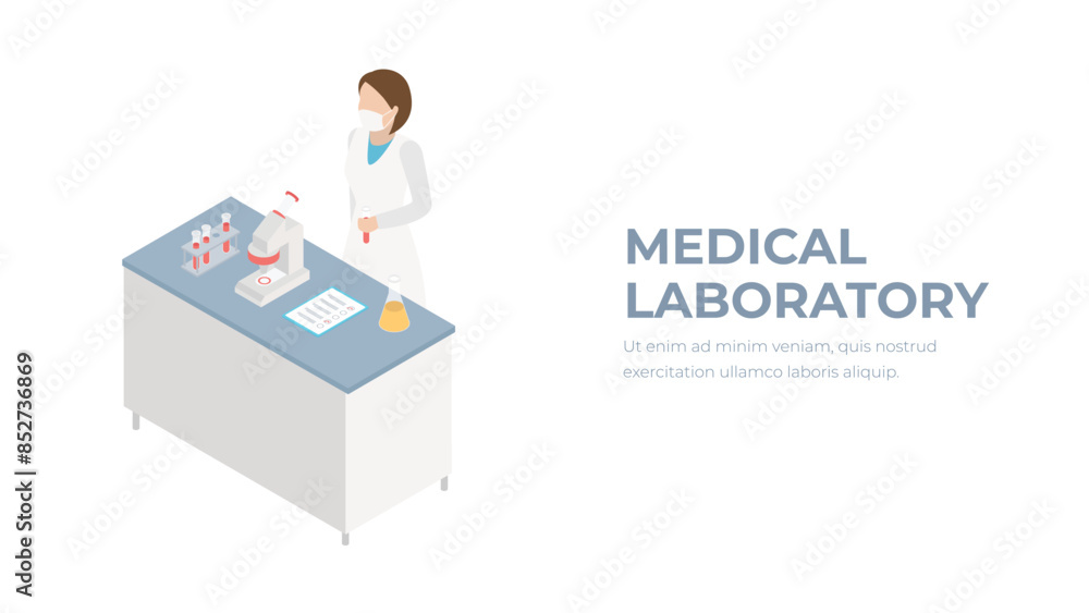 Isometric flat 3D concept vector interior of science laboratory. Medical research pharmaceutical illustration with woman character. Isometric flat 3D concept vector interior of science laboratory. Medical research pharmaceutical illustration with woman character.