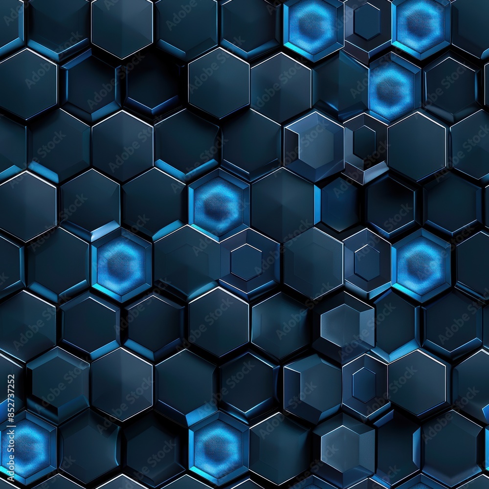 A seamless pattern of dark blue, metallic hexagons, with each hexagon featuring a central, glowing blue circle. The pattern is abstract and modern, suggestive of futuristic technology or data networks A seamless pattern of dark blue, metallic hexagons, with each hexagon featuring a central, glowing blue circle. The pattern is abstract and modern, suggestive of futuristic technology or data networks
