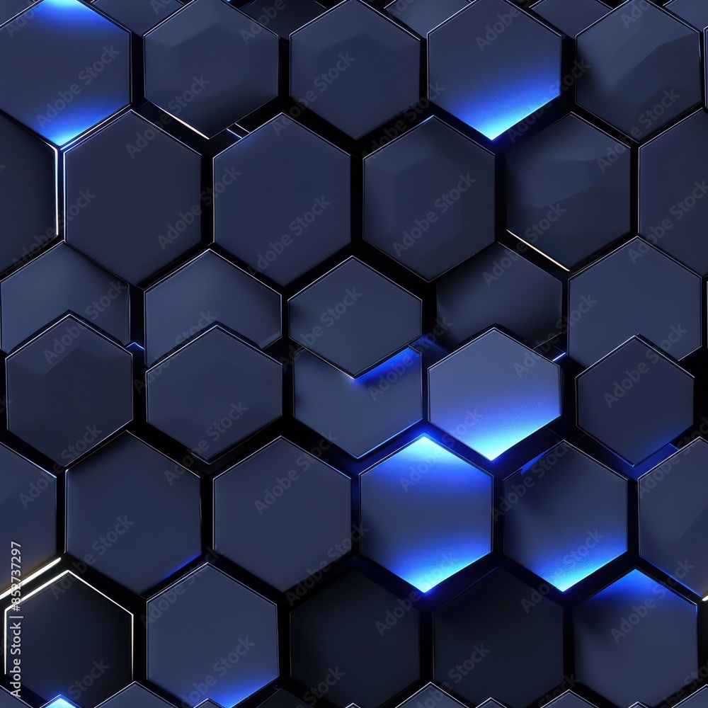 A close-up image of a repeating hexagonal pattern with blue illuminated edges. The pattern is rendered in 3D with a glossy finish. The background is a dark, deep blue color, creating a futuristic and A close-up image of a repeating hexagonal pattern with blue illuminated edges. The pattern is rendered in 3D with a glossy finish. The background is a dark, deep blue color, creating a futuristic and