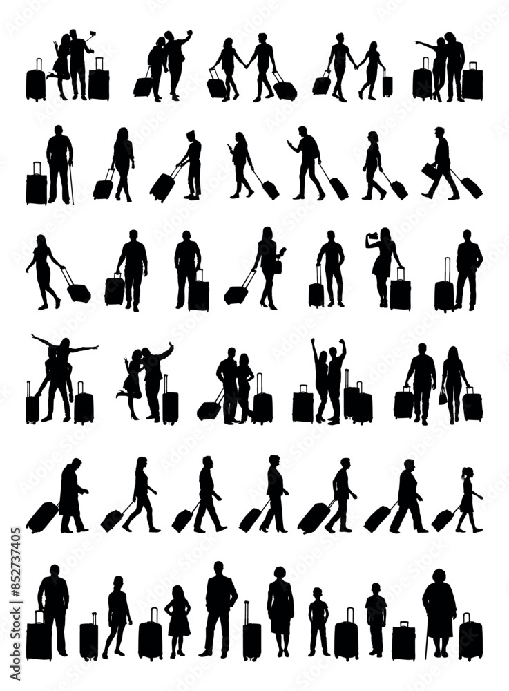 People with suitcases traveling various poses silhouettes set collection. People with suitcases traveling various poses silhouettes set collection.