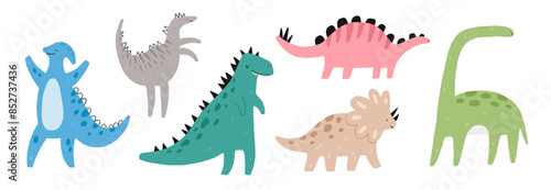 Cute Jurassic dinosaur set. Vector illustration of Stegosaurus, Brontosaurus, Velociraptor, Triceratops, Tyrannosaurus rex and Pterosaurs.