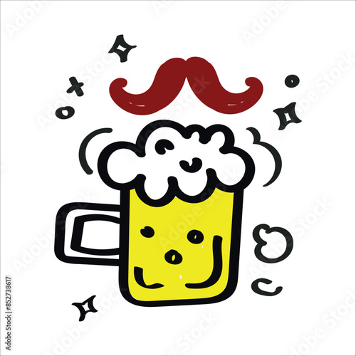 beer and a mustache illustration. Beer Day clip art vector design. doodle hand drawn elements. can be use for party, celebration and festival, greeting card, poster, banner, template. party. 