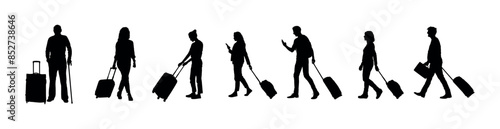 People walking and carrying luggage vector black silhouettes set.