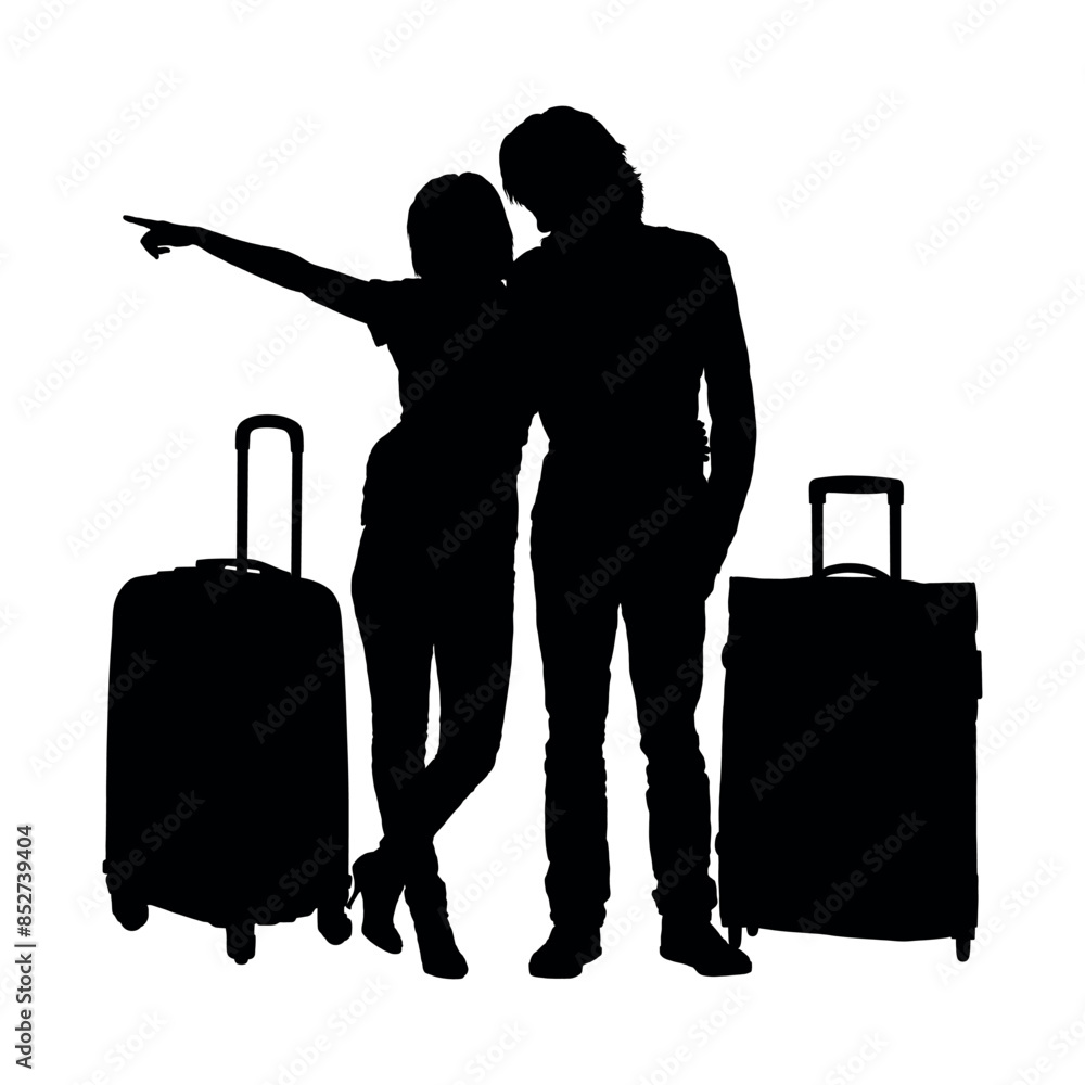 Woman pointing while standing beside man with luggage in airport silhouettes. Tourists couple standing talking each other while waiting in airport black silhouette. Woman pointing while standing beside man with luggage in airport silhouettes. Tourists couple standing talking each other while waiting in airport black silhouette.