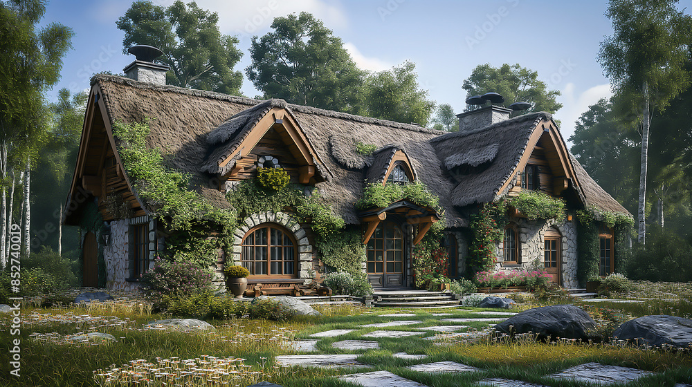 A picturesque mountain landscape with a rustic wooden church and a traditional old farmhouse nestled amidst a green meadow A picturesque mountain landscape with a rustic wooden church and a traditional old farmhouse nestled amidst a green meadow