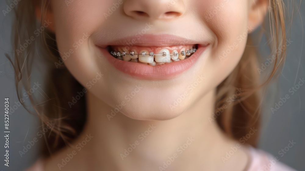 Obraz premium A teenager with braces, smiling brightly and showing beautiful teeth