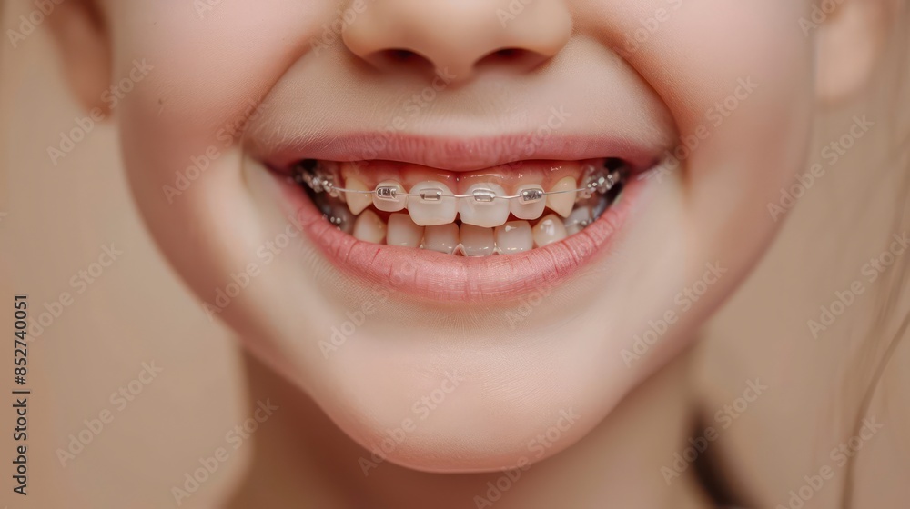 Fototapeta premium A teenager with braces, smiling brightly and showing beautiful teeth