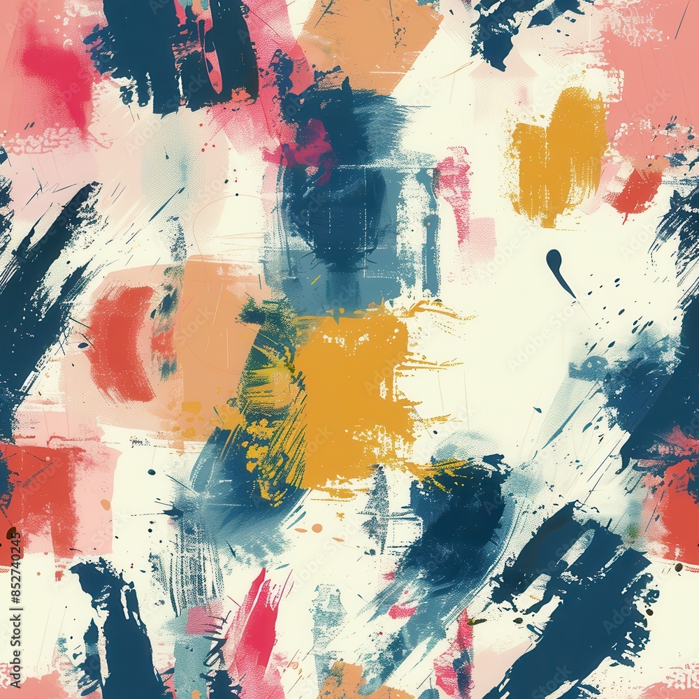 Fototapeta premium This abstract painting features a bright, colorful palette with bold brushstrokes in blue, yellow, red, and pink on a white background. The paintings style is loose and gestural, creating a dynamic an