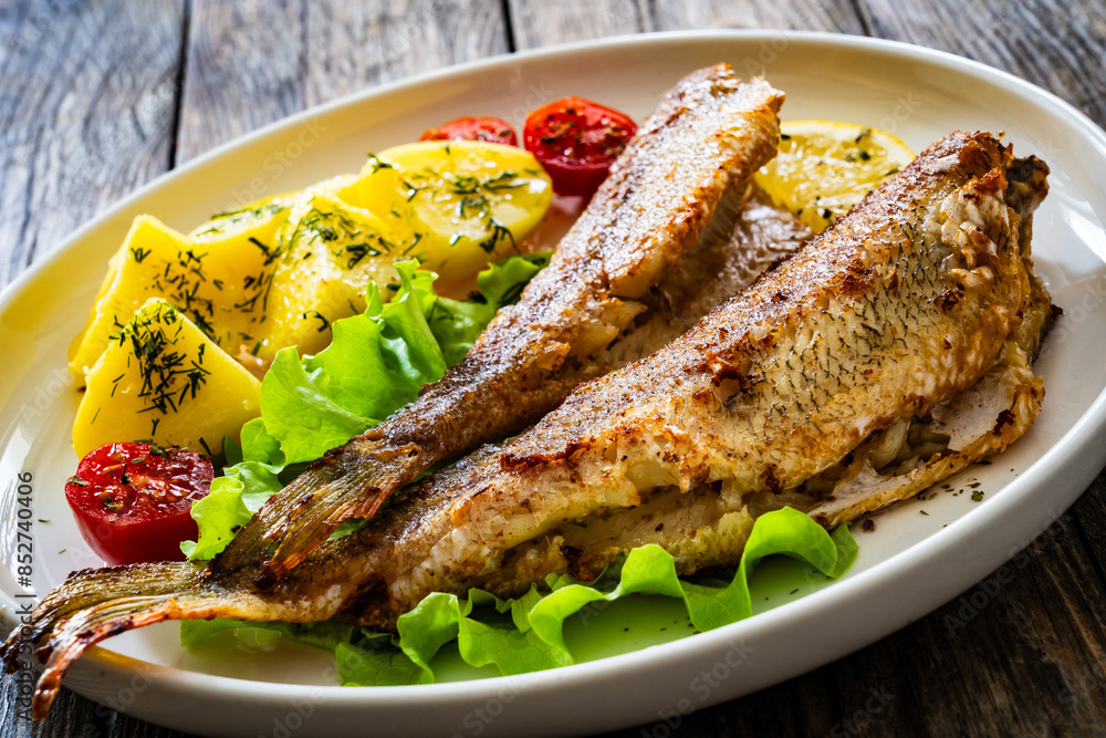Fried sea bass served on lettuce with boiled potatoes and lemon on white plate on wooden table
Fried sea bass served on lettuce with boiled potatoes and lemon on white plate on wooden table