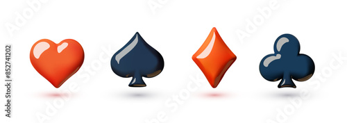 3D card suits. Hearts, diamonds, crosses and spades. Gambling design.