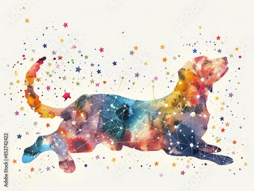 A silhouette of a German Shepherd dog filled with a colorful galaxy.