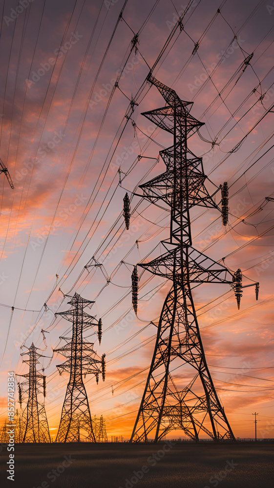 Fototapeta premium Electric towers lined up against a sunset
