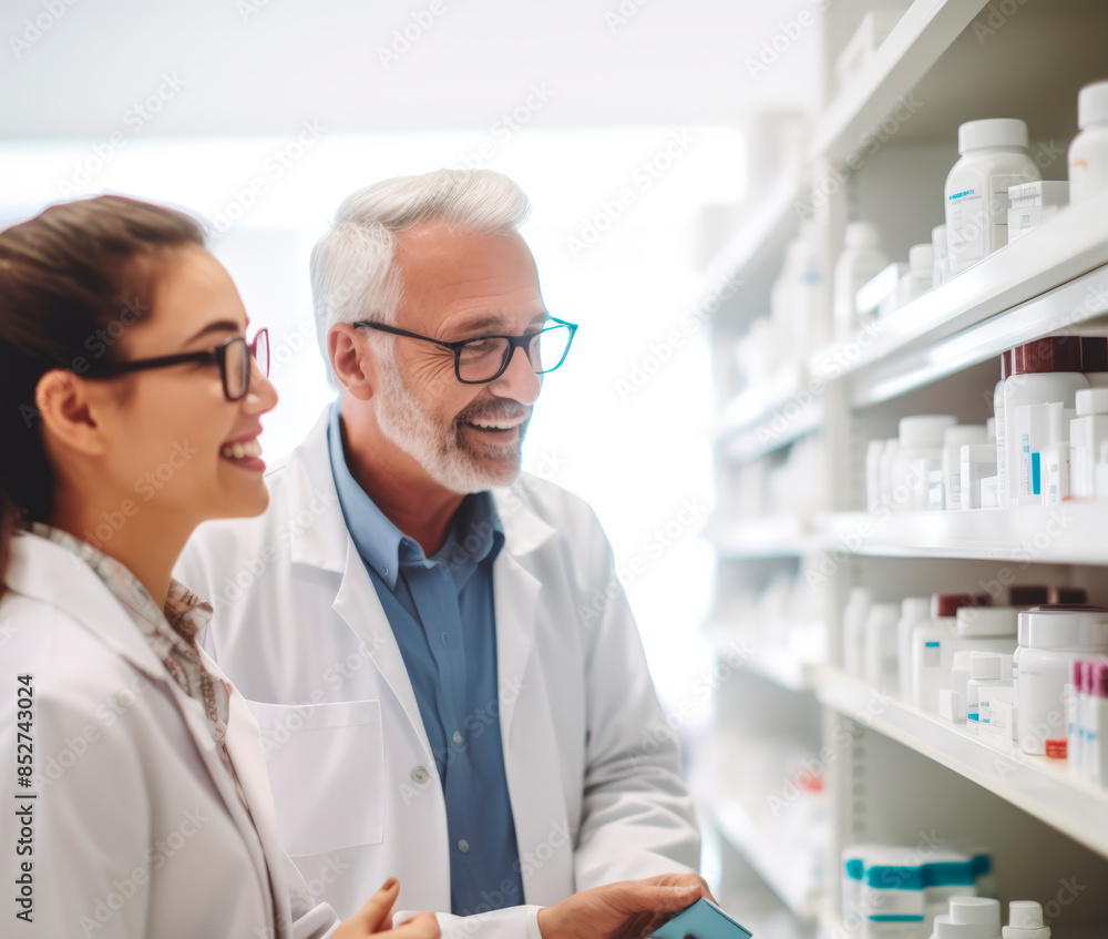 Stock minimalist photography of a pharmacist explaining medication usage to a customer, with shelves of products blurred in the background, daylight illumination Stock minimalist photography of a pharmacist explaining medication usage to a customer, with shelves of products blurred in the background, daylight illumination