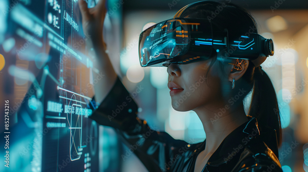 Woman using VR glasses for online shopping. Digital experience in metaverse Woman using VR glasses for online shopping. Digital experience in metaverse
