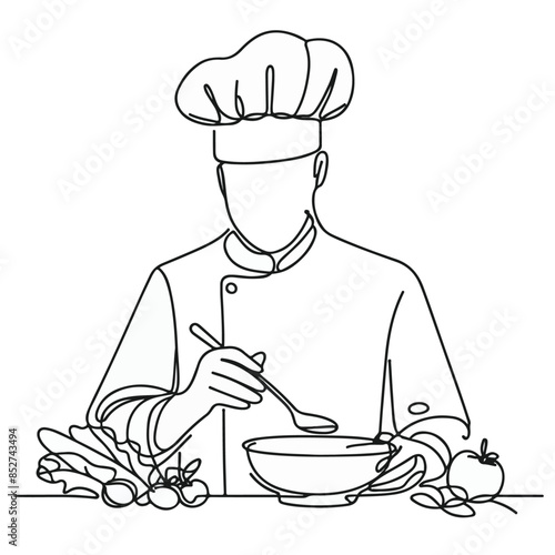 Continuous line drawing of Chef Preparing Food, Chef Preparing Food line art, chef line art