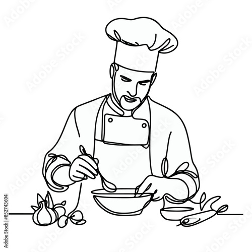Continuous line drawing of Chef Preparing Food, Chef Preparing Food line art, chef line art