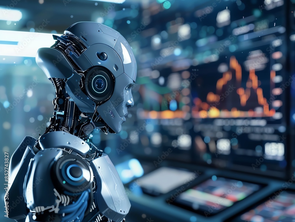 Futuristic robot analyzing business data on multiple screens, representing artificial intelligence and technology in financial markets. Futuristic robot analyzing business data on multiple screens, representing artificial intelligence and technology in financial markets.