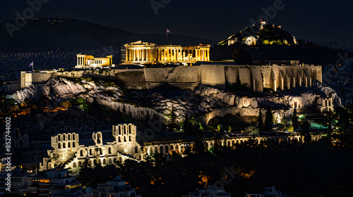 The ancient ruins of the Acropolis lit up at night towering over modern Athens. photo