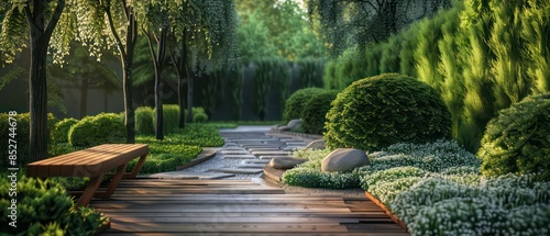 Serene garden path winding through lush greenery, adorned with stones and shaded by trees
