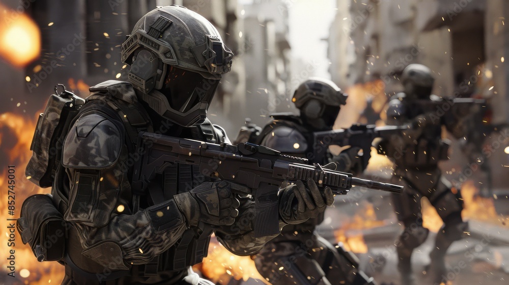 A group of soldiers are in a war zone, with one of them holding a rifle. The scene is intense and chaotic, with explosions and fire all around. The soldiers are well-equipped and ready for battle A group of soldiers are in a war zone, with one of them holding a rifle. The scene is intense and chaotic, with explosions and fire all around. The soldiers are well-equipped and ready for battle