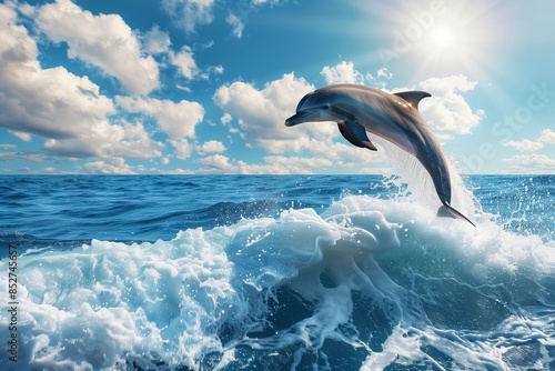 Captivating dolphins performing acrobatic jumps over the rolling waves, the sunlight illuminating their smooth, grey bodies, as they splash back into the pristine, deep blue water.