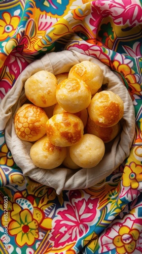 A basket of small yellow pastries sits on a colorful cloth. The pastries are arranged in a neat pile, and the cloth has a floral pattern. Concept of warmth and comfort