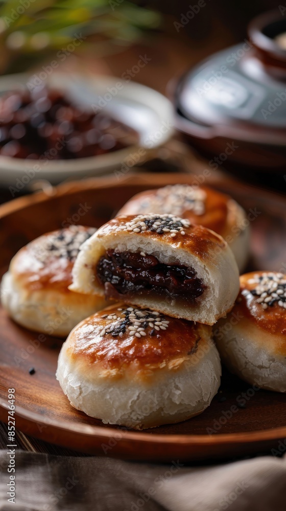 A plate of pastries with one of them cut in half. The plate is on a wooden table A plate of pastries with one of them cut in half. The plate is on a wooden table