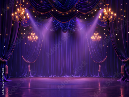 Luxurious theatre stage show purple velvet drapes opulent chandelier elegant lights backdrop warm draping theatrical royal theatre performance curtain background Old Hollywood regal Victorian royal ad