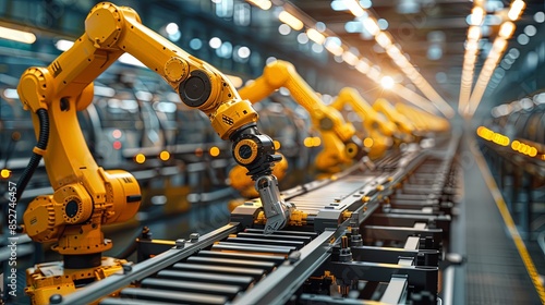 Multiple robots in an assembly line automate complex manufacturing tasks with precision