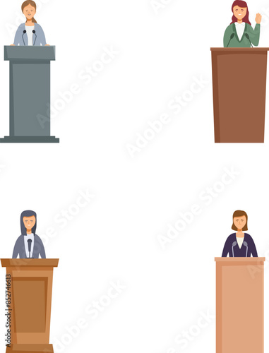 Four vector icons representing businesspeople of different genders at podiums, public speaking