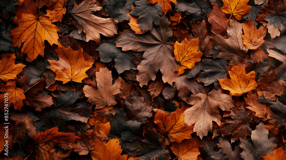 Brown and orange fallen autumn maple leaves lie on ground background Brown and orange fallen autumn maple leaves lie on ground background