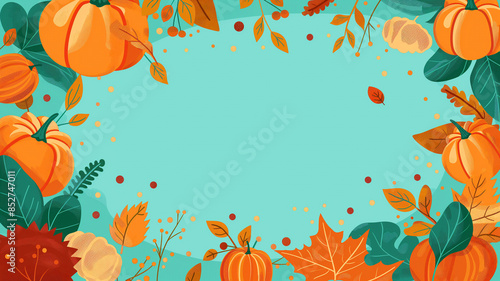 Autumn leaves and pumpkins border frame with space for text, thanksgiving day, harvest decoration