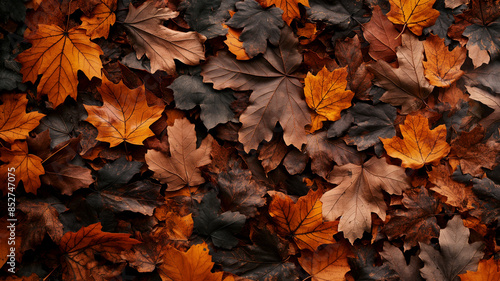 Brown and orange fallen autumn maple leaves lie on ground background