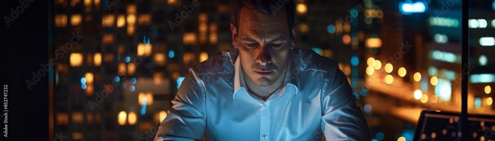 Man Working Late at Night in City Man Working Late at Night in City