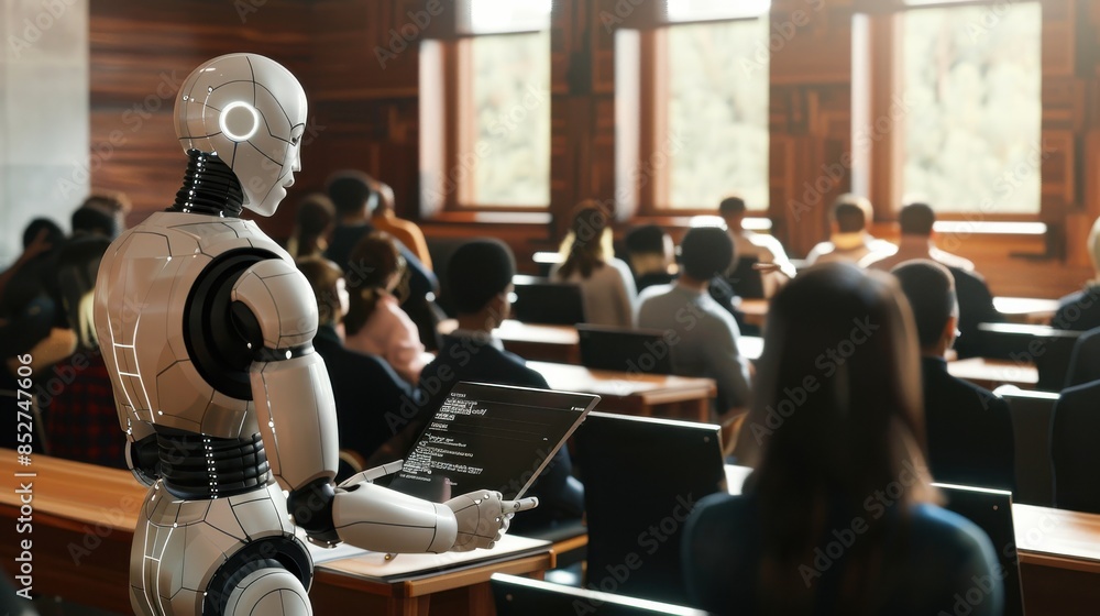 custom made wallpaper toronto digitalA robot is standing in front of a classroom full of people. The robot is holding a laptop and he is giving a presentation. The people in the classroom are looking at the robot