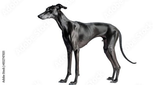 A black Greyhound stands proudly on a white background, isolated