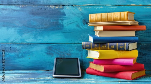 Colorful stack of books with e book reader for electronic library concept School theme with space for text photo