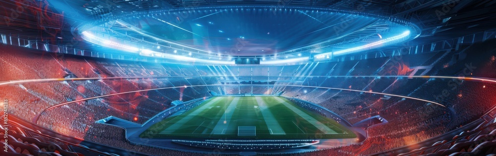A stadium filled with people and a soccer field A stadium filled with people and a soccer field