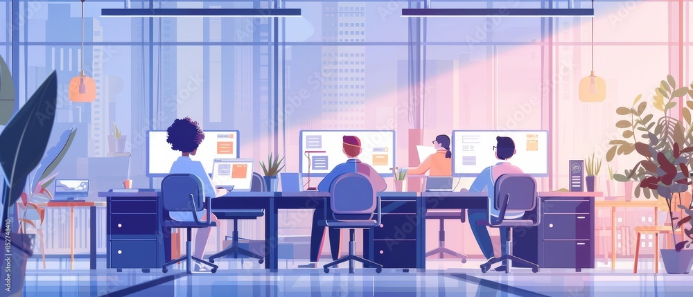 Modern office workspace with diverse team working on computers, collaborating in a bright and colorful environment. Modern office workspace with diverse team working on computers, collaborating in a bright and colorful environment.
