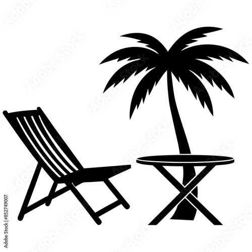 beach chair and table palm tree silhouette vector illustration on white background