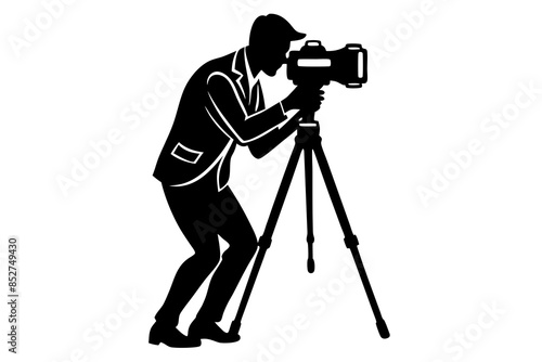 vector silhouette of man taking photo using tripod 