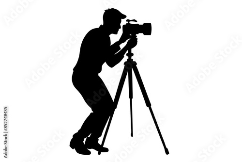 vector silhouette of man taking photo using tripod 