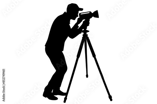 vector silhouette of man taking photo using tripod 