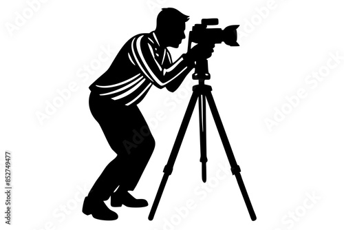 vector silhouette of man taking photo using tripod 