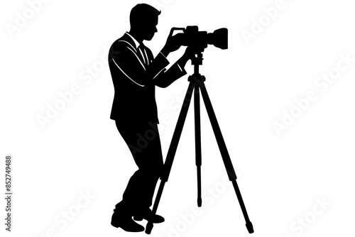 vector silhouette of man taking photo using tripod 